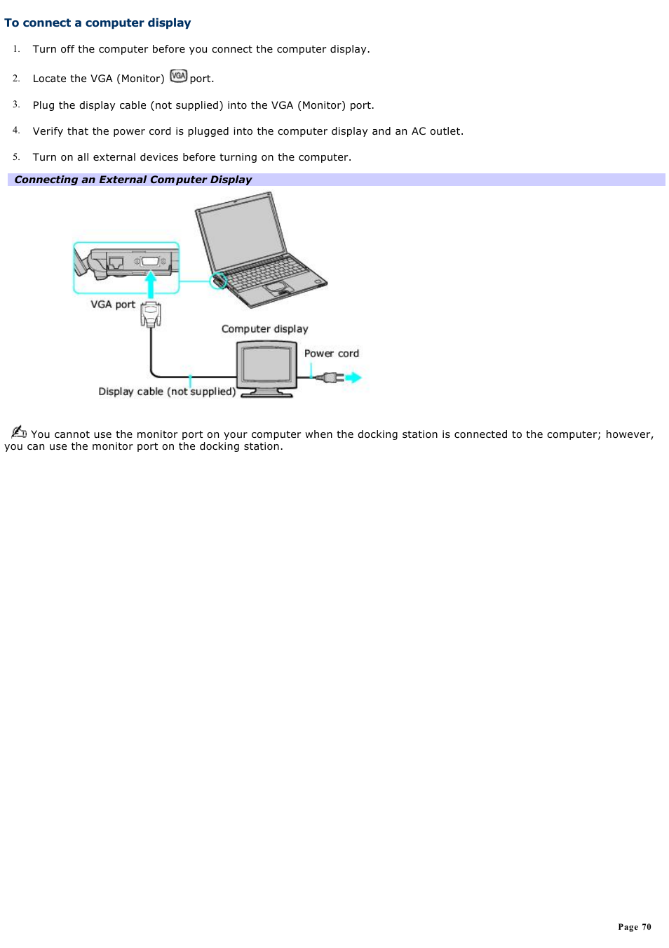 To connect a computer display | Sony PCG-VX88 User Manual | Page 70 / 184