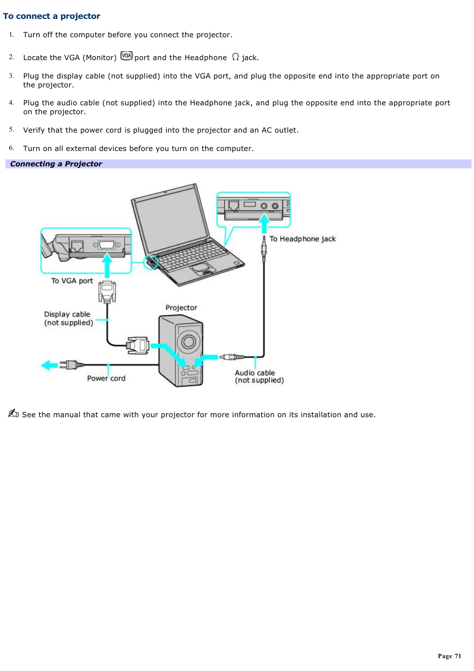 To connect a projector | Sony PCG-VX88 User Manual | Page 71 / 184