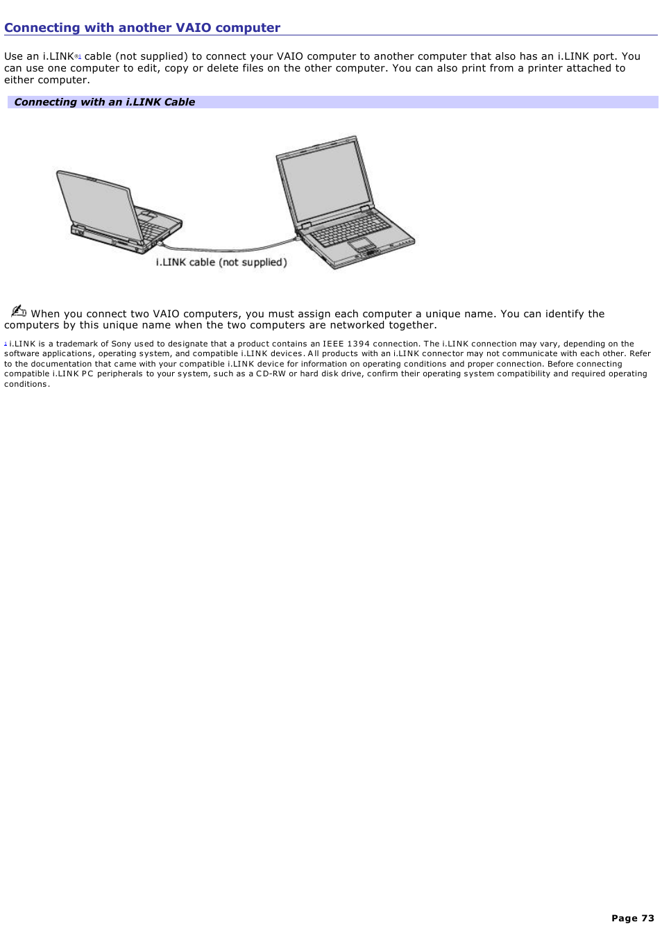 Connecting with another vaio computer | Sony PCG-VX88 User Manual | Page 73 / 184