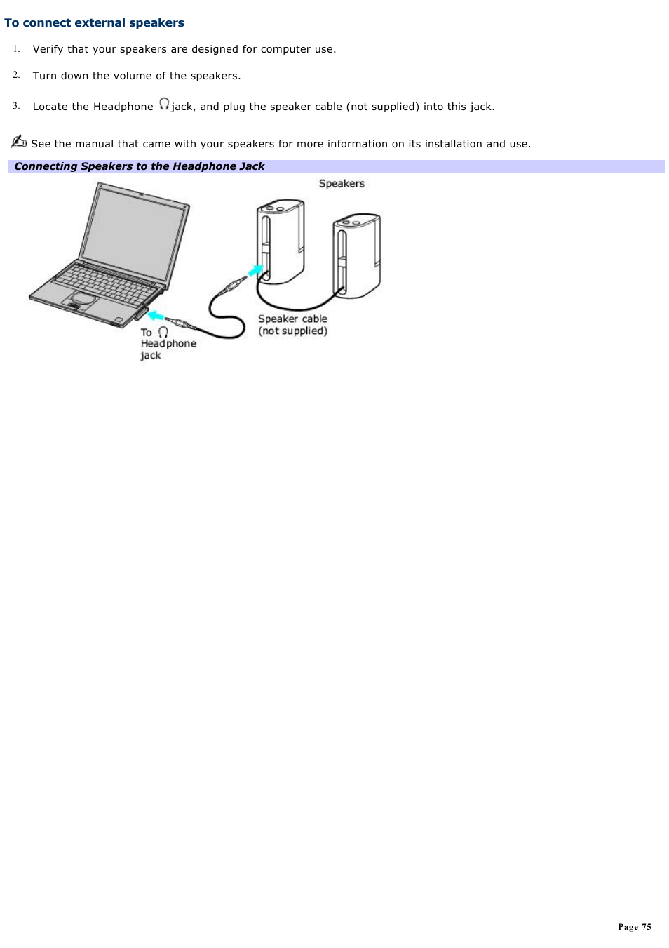 To connect external speakers | Sony PCG-VX88 User Manual | Page 75 / 184