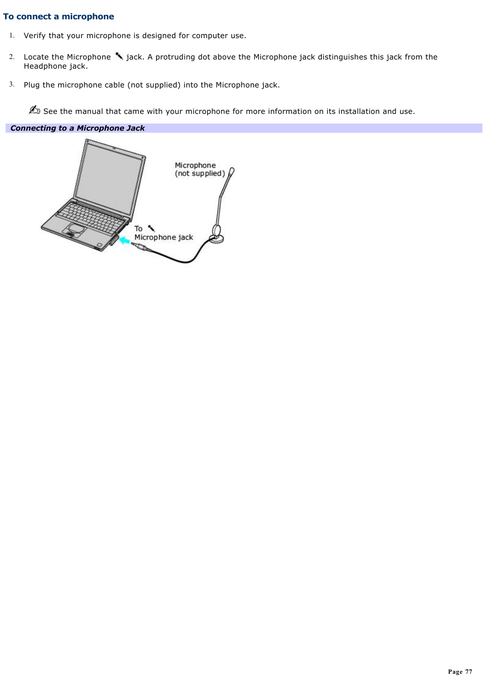 To connect a microphone | Sony PCG-VX88 User Manual | Page 77 / 184
