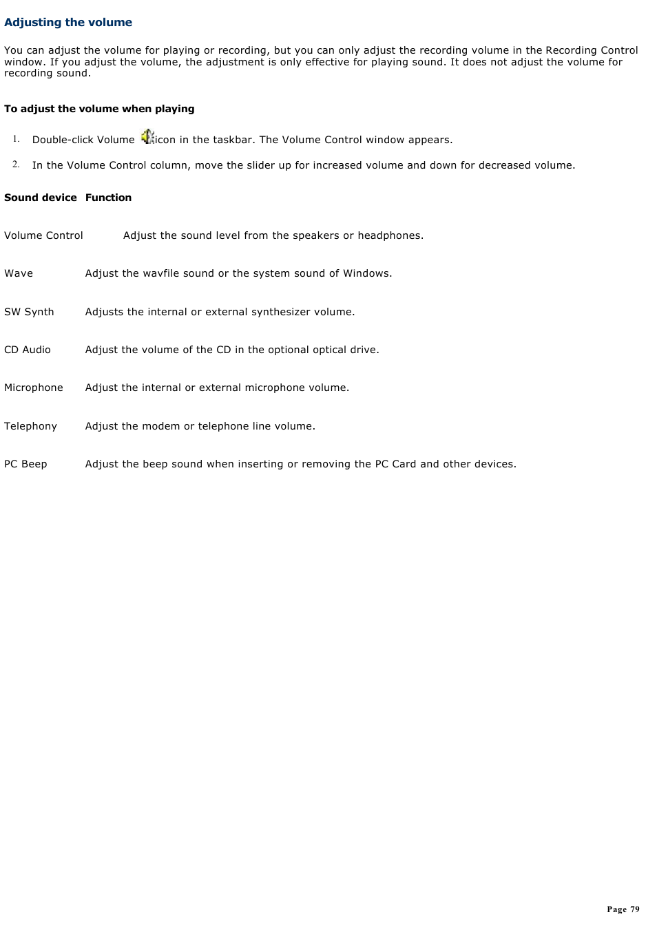 Adjusting the volume | Sony PCG-VX88 User Manual | Page 79 / 184