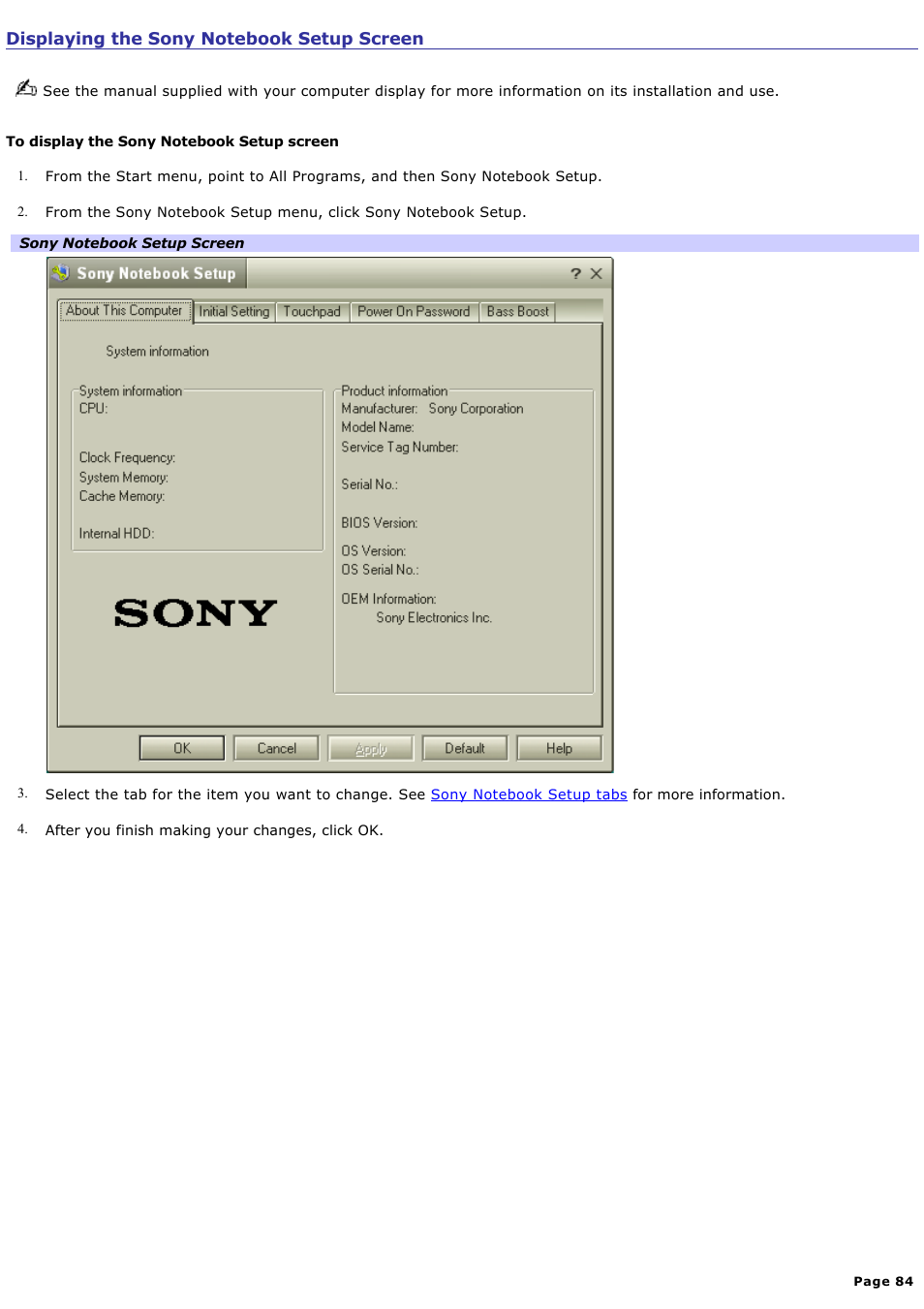 Displaying the sony notebook setup screen | Sony PCG-VX88 User Manual | Page 84 / 184