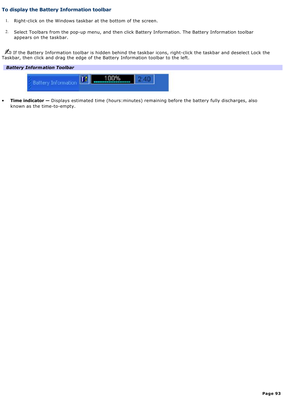 To display the battery information toolbar | Sony PCG-VX88 User Manual | Page 93 / 184