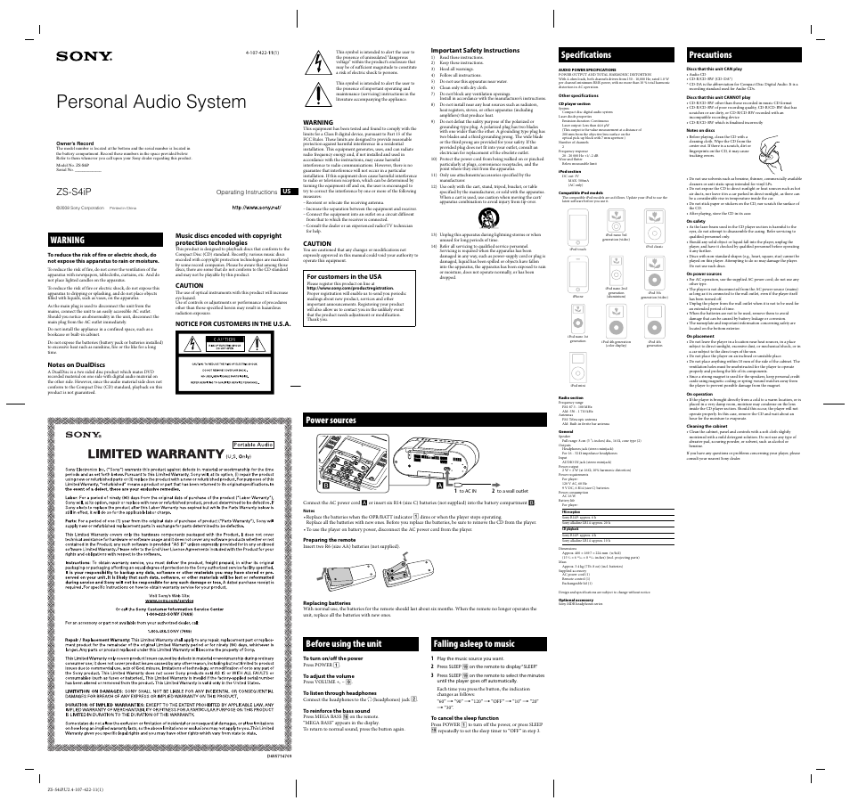 Sony ZS-S4IPBLACK User Manual | 2 pages