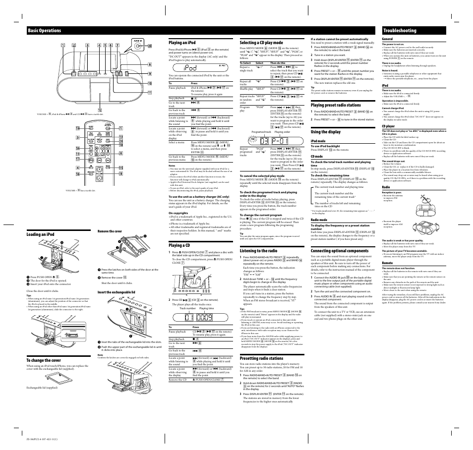 Basic operations, Troubleshooting, Loading an ipod | Selecting a cd play mode, Listening to the radio, Presetting radio stations, Playing preset radio stations, Using the display, Connecting optional components, Playing an ipod | Sony ZS-S4IPBLACK User Manual | Page 2 / 2