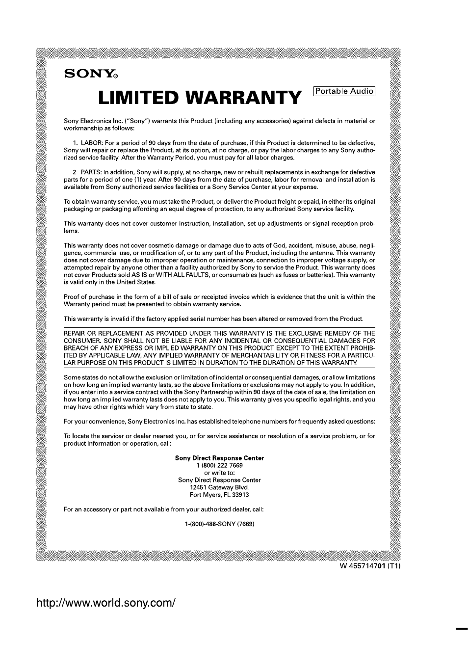 Sony corporation, This warranty is valid only in the united states | Sony D-FS18 User Manual | Page 32 / 32