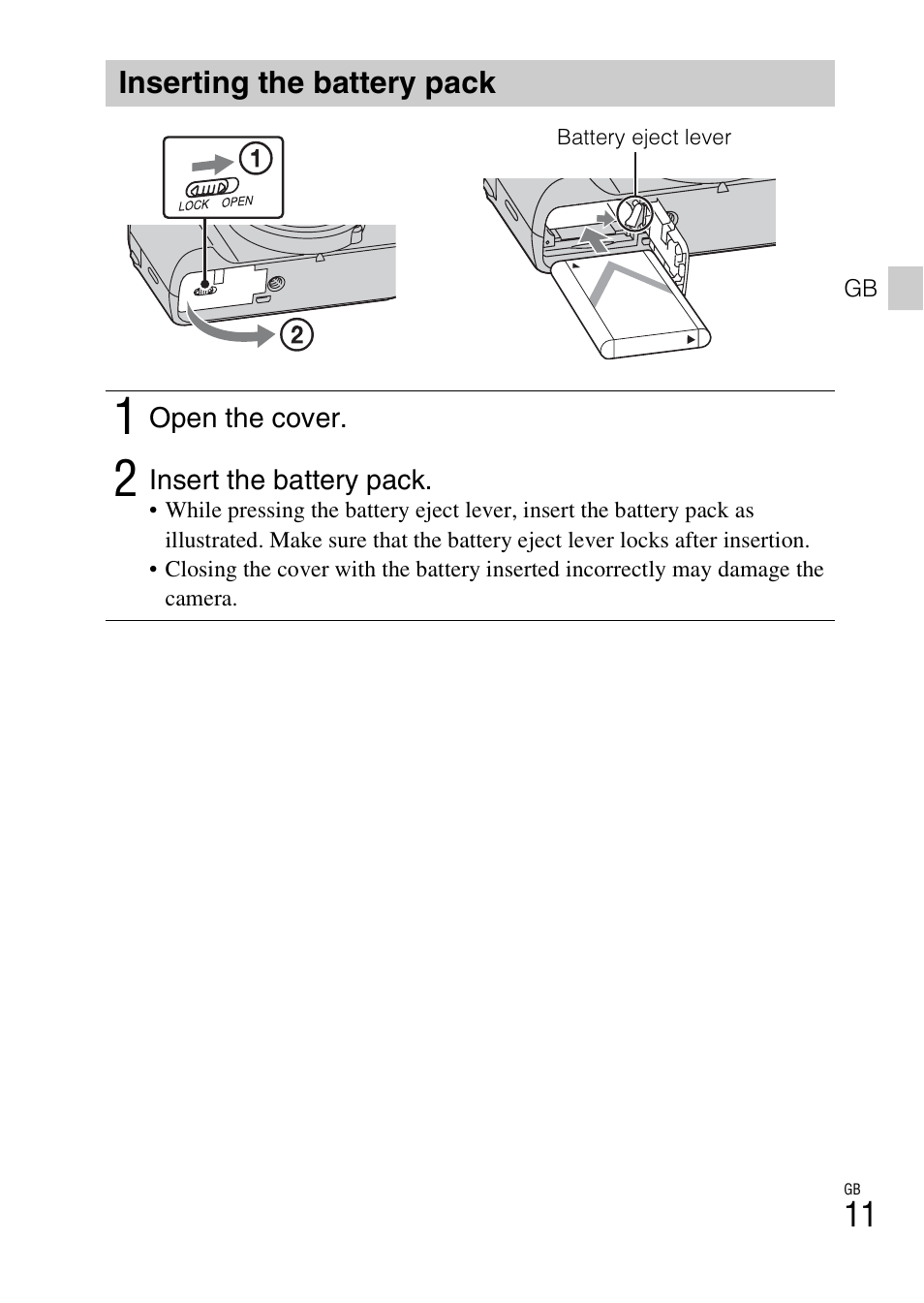 Inserting the battery pack | Sony DSC-HX50V User Manual | Page 11 / 72