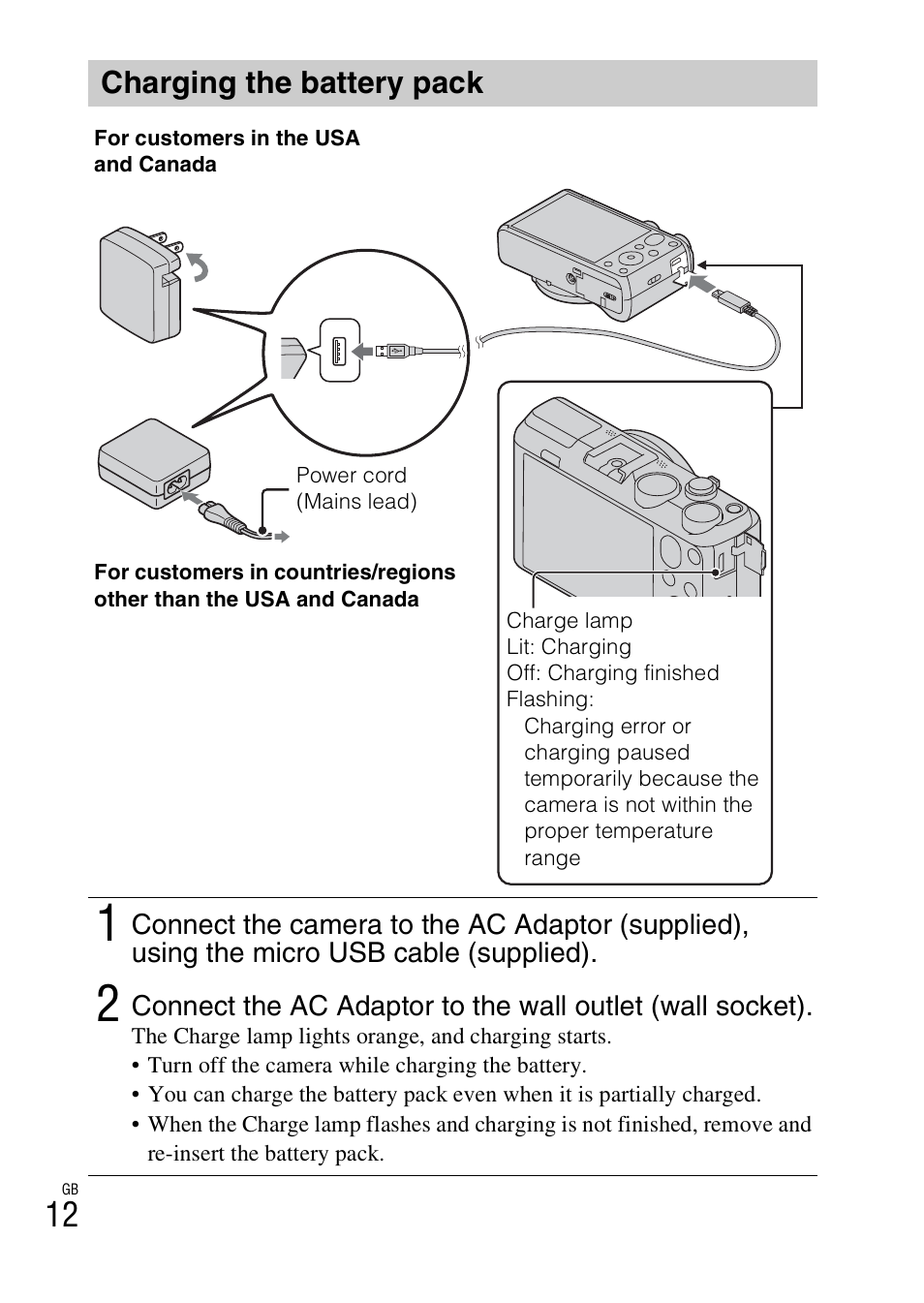 Charging the battery pack | Sony DSC-HX50V User Manual | Page 12 / 72