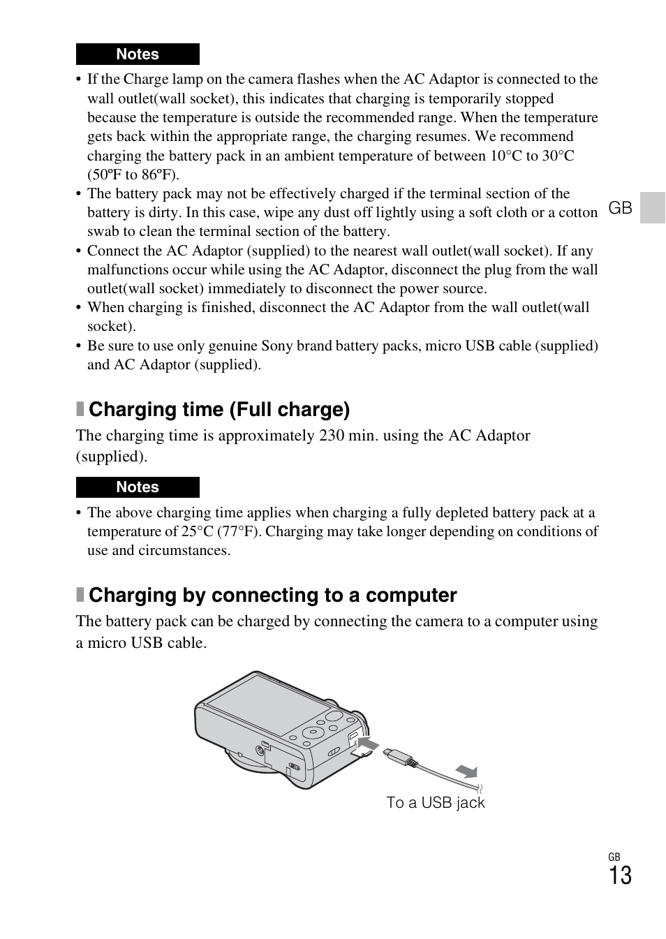 Xcharging time (full charge), Xcharging by connecting to a computer | Sony DSC-HX50V User Manual | Page 13 / 72