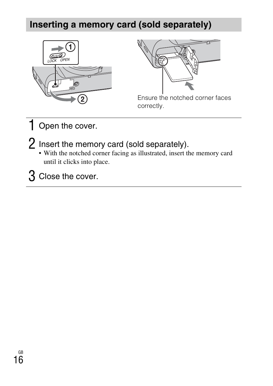 Inserting a memory card (sold separately) | Sony DSC-HX50V User Manual | Page 16 / 72