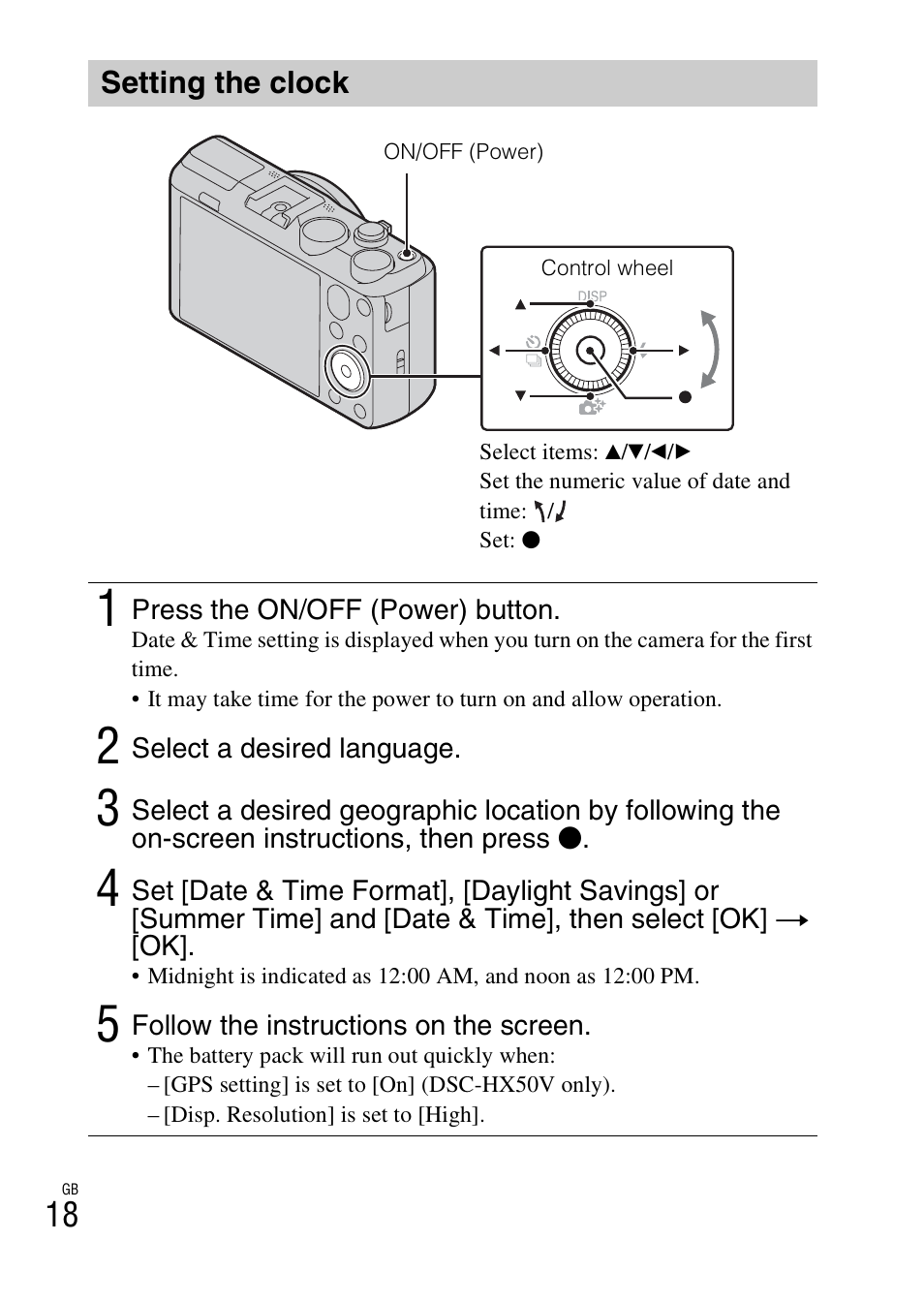 Setting the clock | Sony DSC-HX50V User Manual | Page 18 / 72