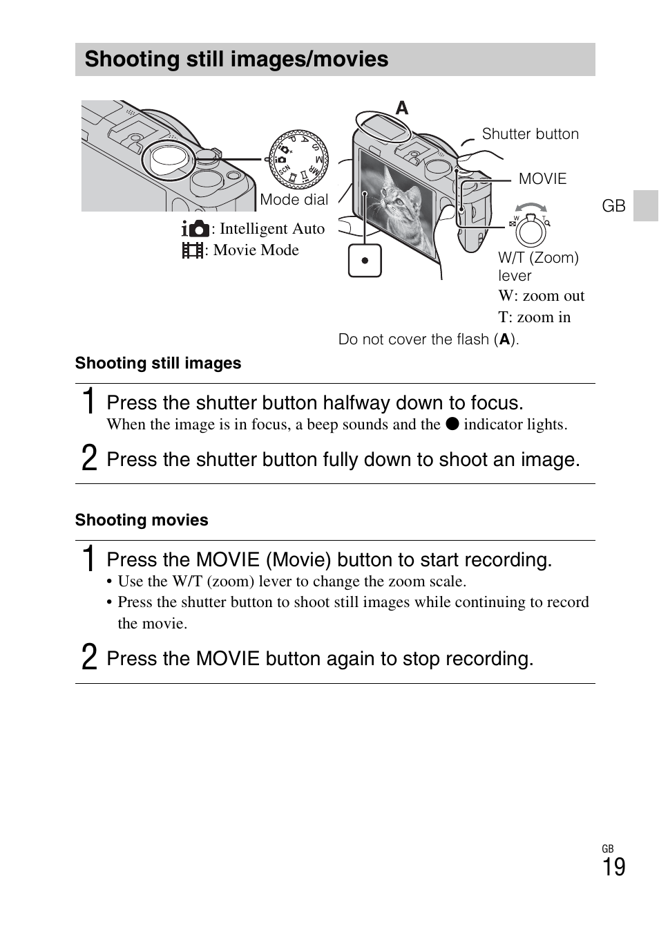 Shooting still images/movies | Sony DSC-HX50V User Manual | Page 19 / 72