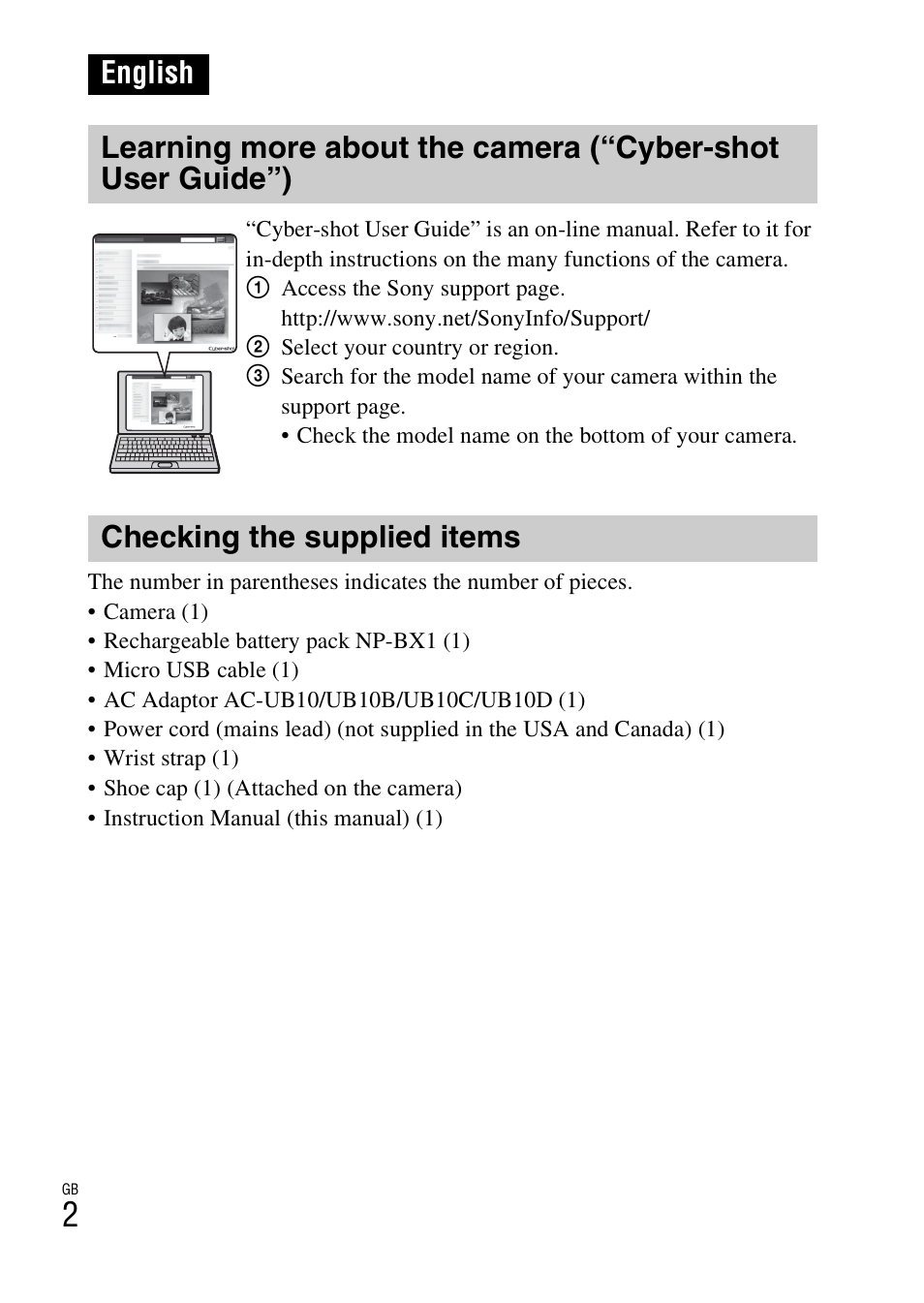 English, Checking the supplied items | Sony DSC-HX50V User Manual | Page 2 / 72