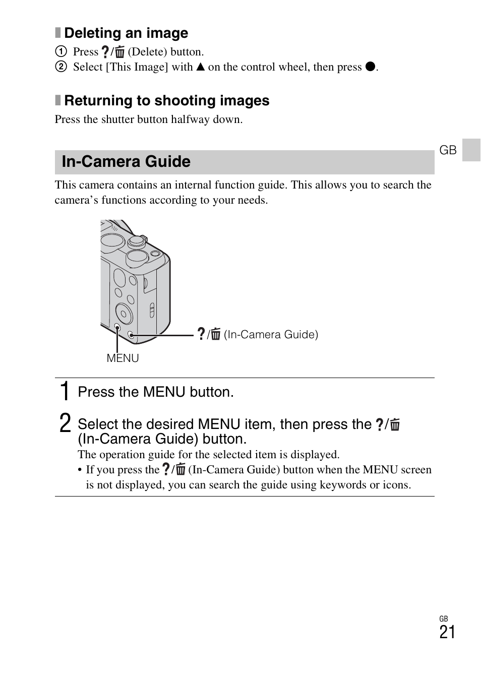 In-camera guide | Sony DSC-HX50V User Manual | Page 21 / 72