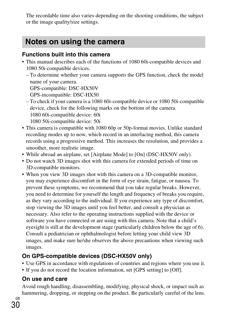 Notes on using the camera | Sony DSC-HX50V User Manual | Page 30 / 72