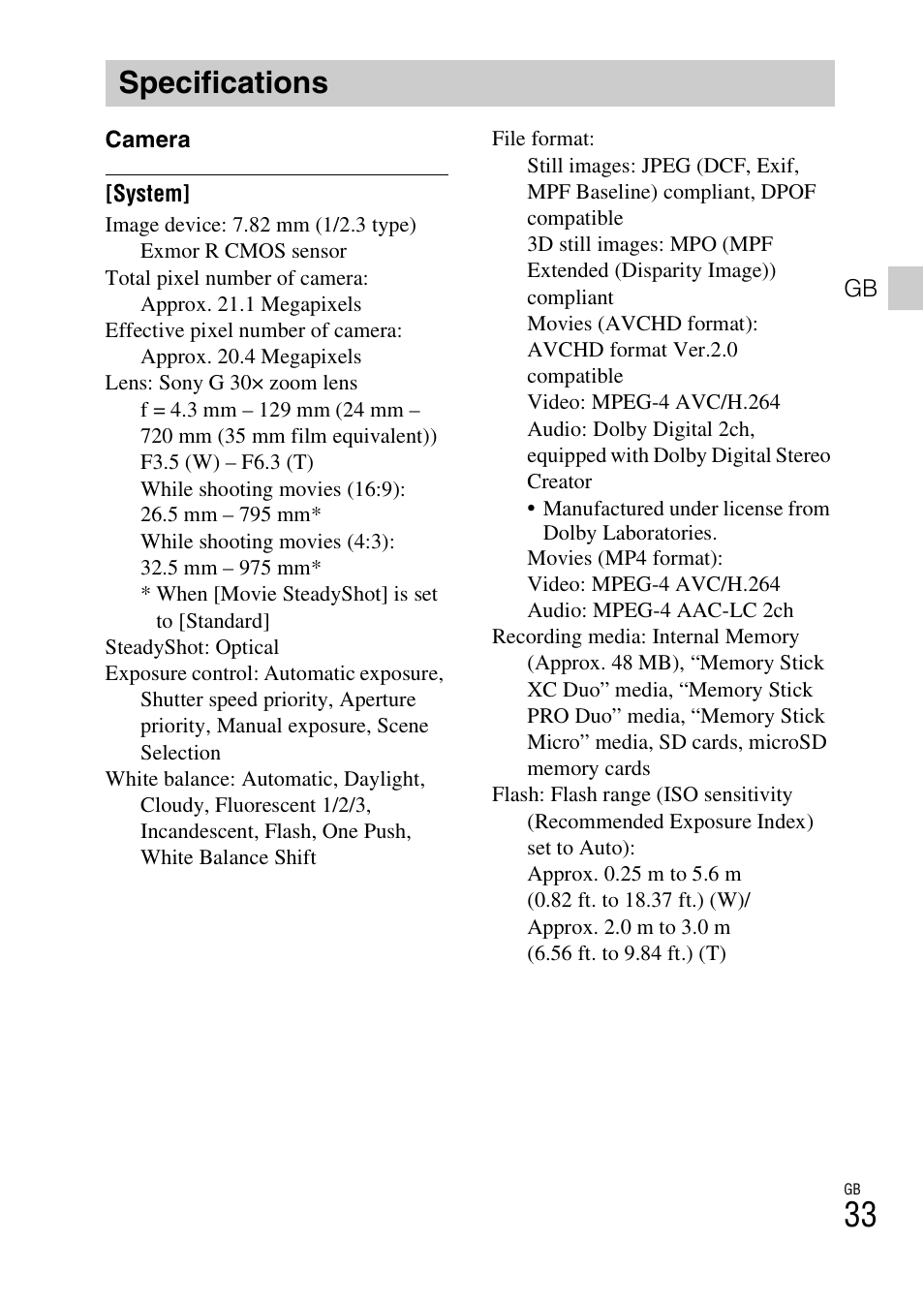 Specifications | Sony DSC-HX50V User Manual | Page 33 / 72