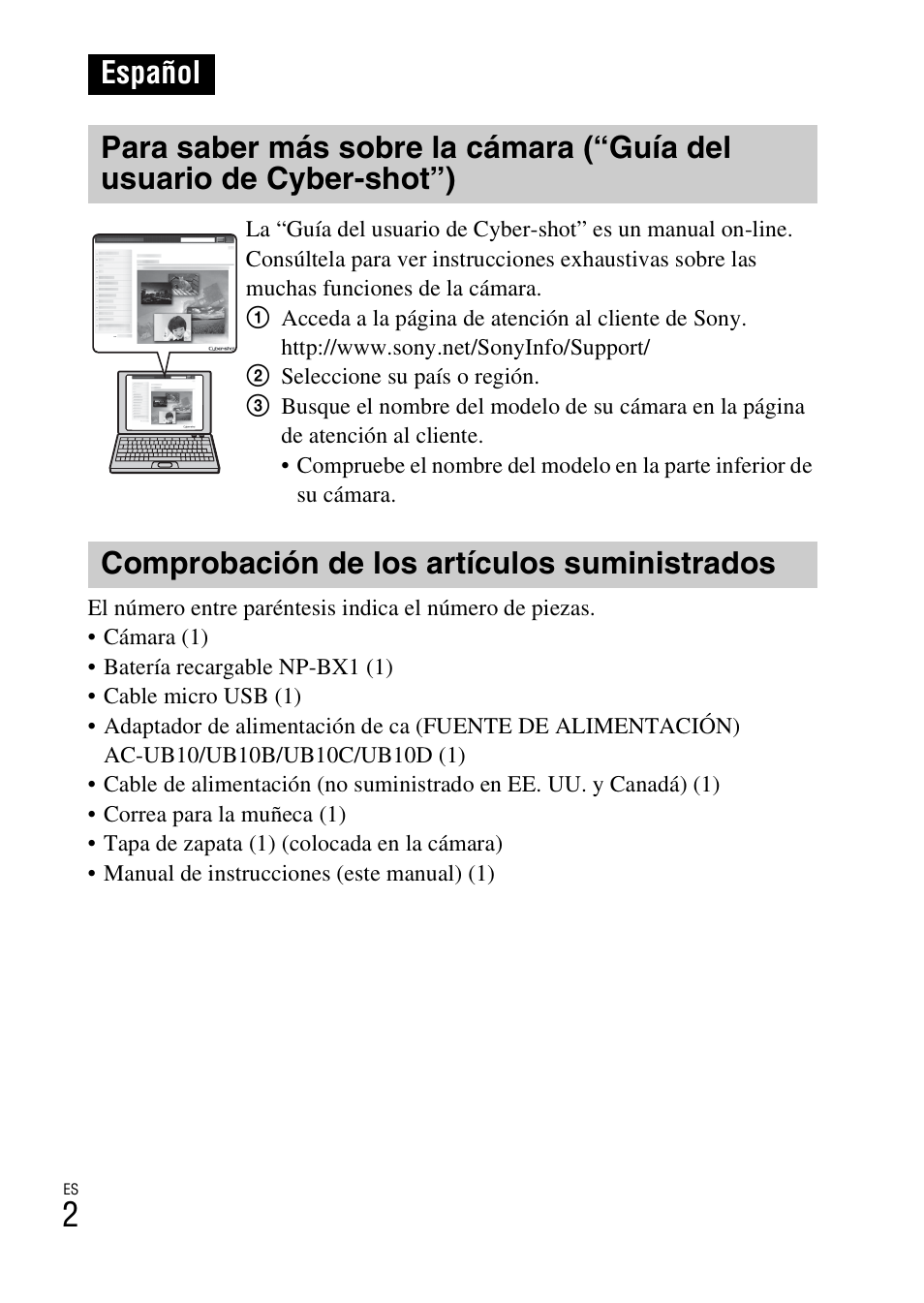 Español, Comprobación de los artículos suministrados | Sony DSC-HX50V User Manual | Page 36 / 72