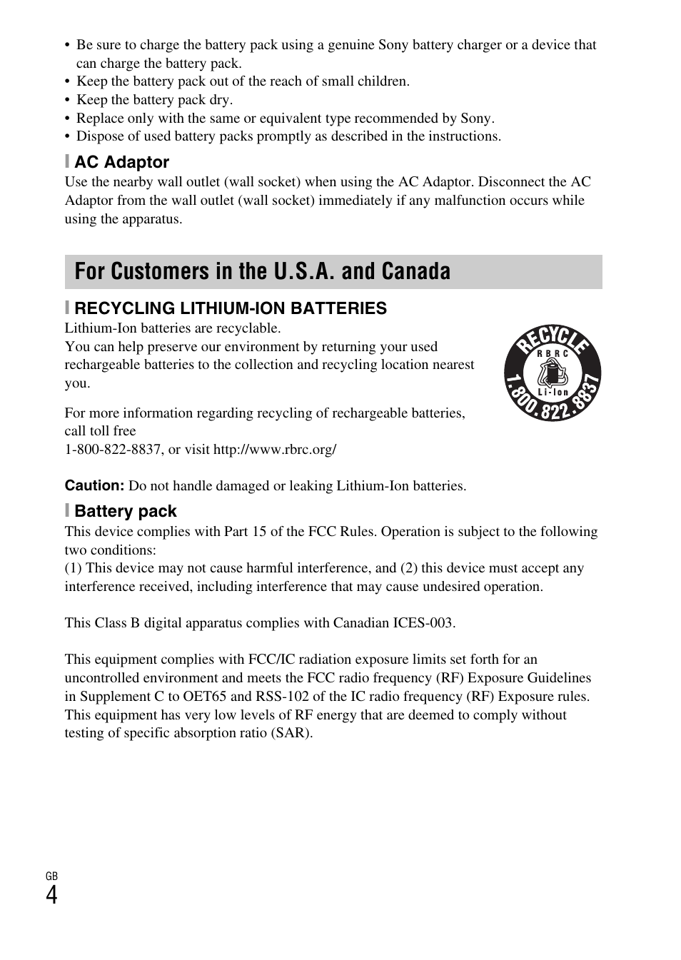 For customers in the u.s.a. and canada | Sony DSC-HX50V User Manual | Page 4 / 72