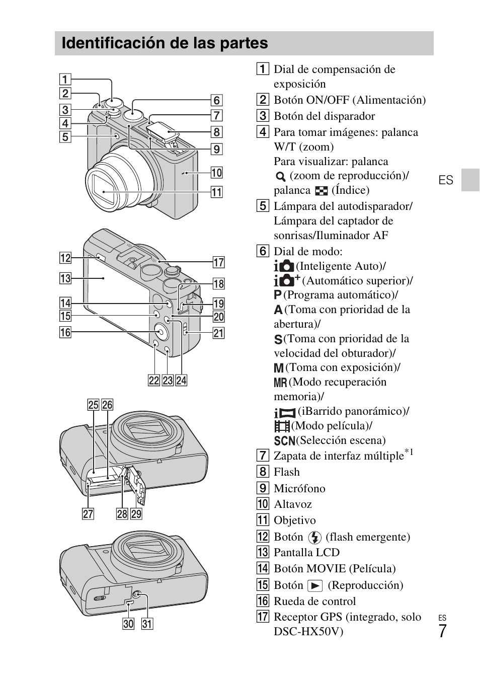 Identificación de las partes | Sony DSC-HX50V User Manual | Page 41 / 72