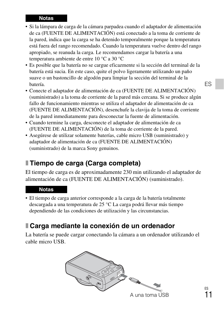 Xtiempo de carga (carga completa), Xcarga mediante la conexión de un ordenador | Sony DSC-HX50V User Manual | Page 45 / 72