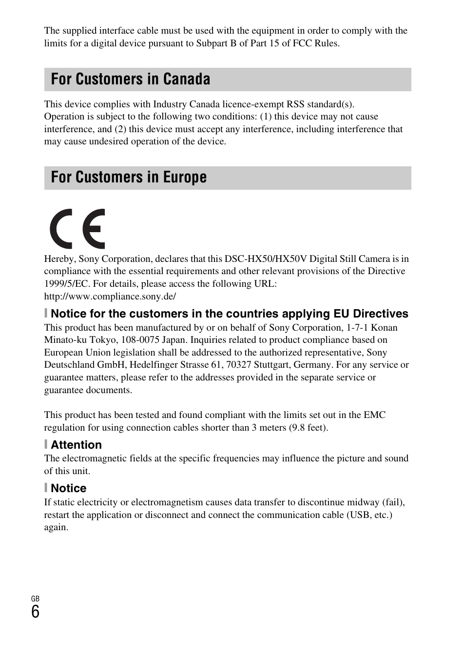 For customers in canada for customers in europe | Sony DSC-HX50V User Manual | Page 6 / 72