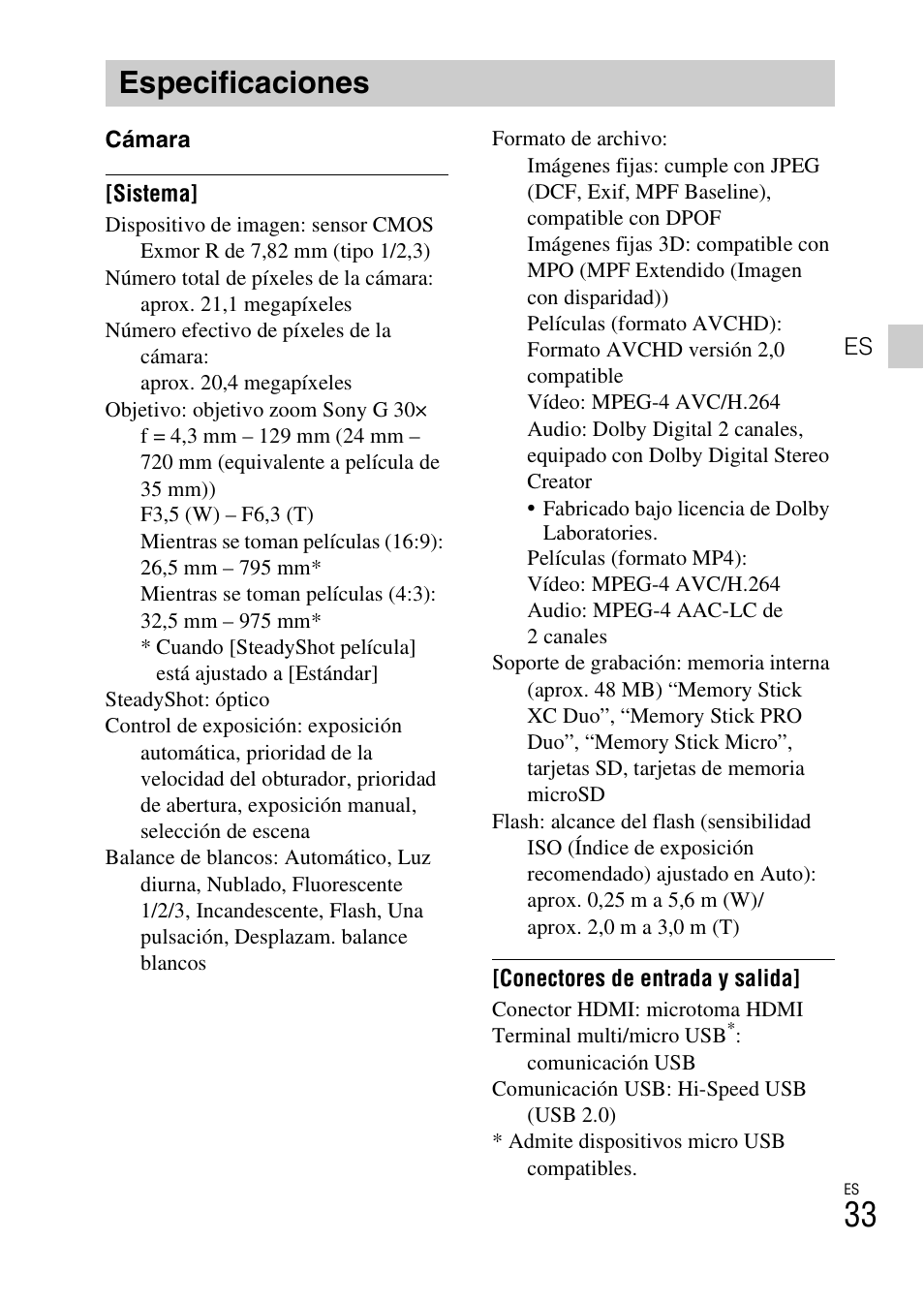 Especificaciones | Sony DSC-HX50V User Manual | Page 67 / 72