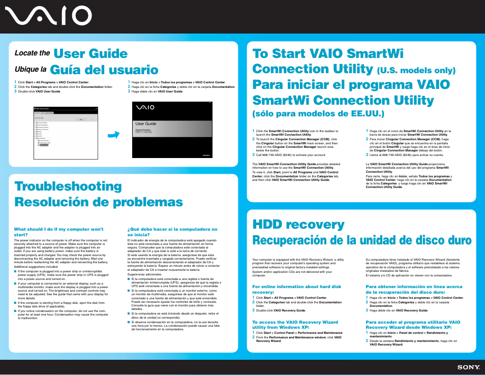 Locate the user guide, Troubleshooting, Hdd recovery | Ubique la guía del usuario, Resolución de problemas, Recuperación de la unidad de disco duro, User guide, Guía del usuario, U.s. models only), Sólo para modelos de ee.uu.) | Sony VGN-T370P User Manual | Page 2 / 2