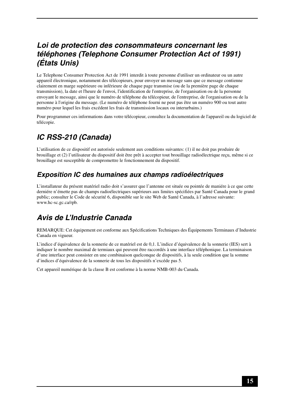 Ic rss-210 (canada), Avis de l’industrie canada | Sony VGN-FS8900P User Manual | Page 15 / 24