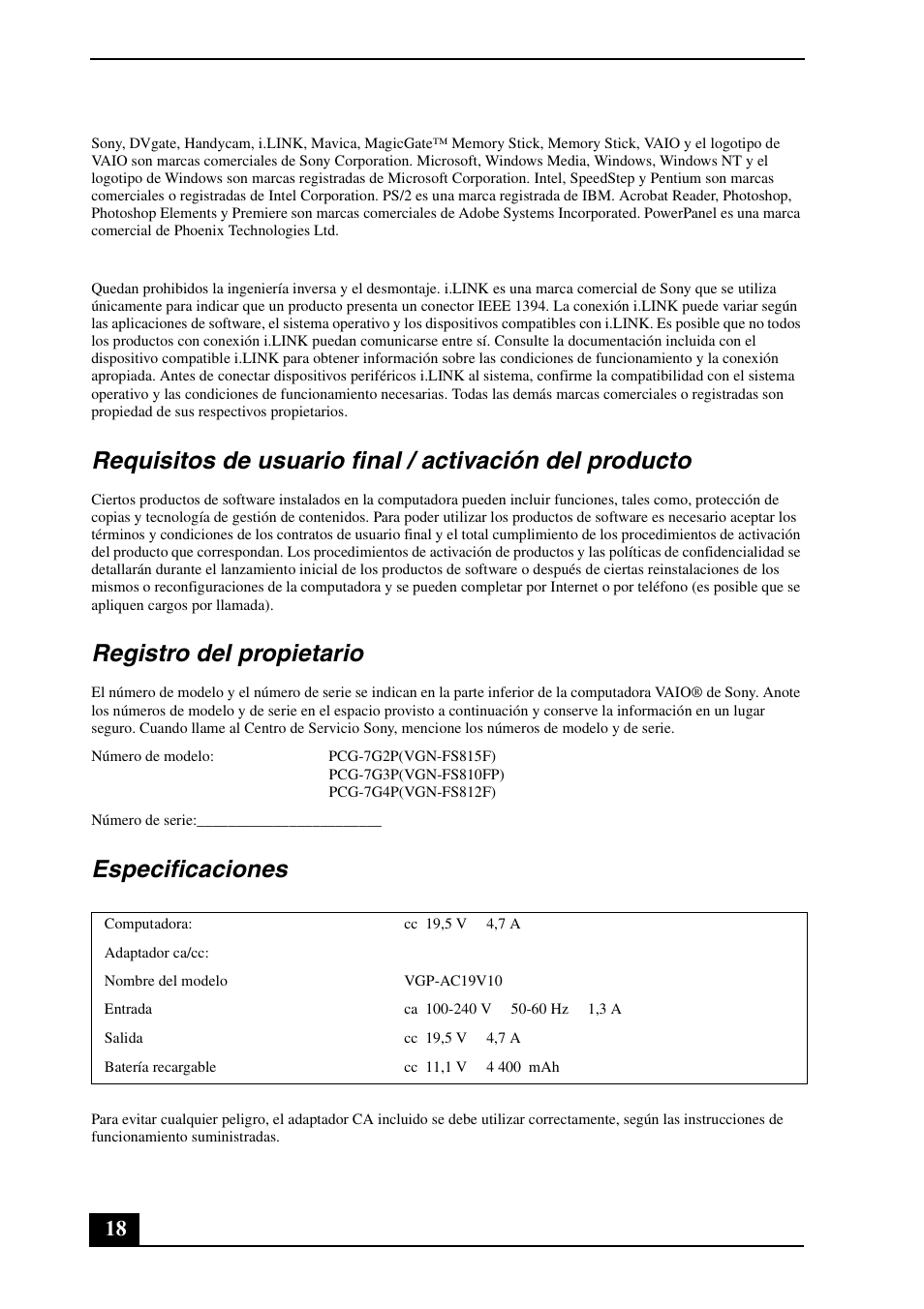 Registro del propietario, Especificaciones | Sony VGN-FS8900P User Manual | Page 18 / 24