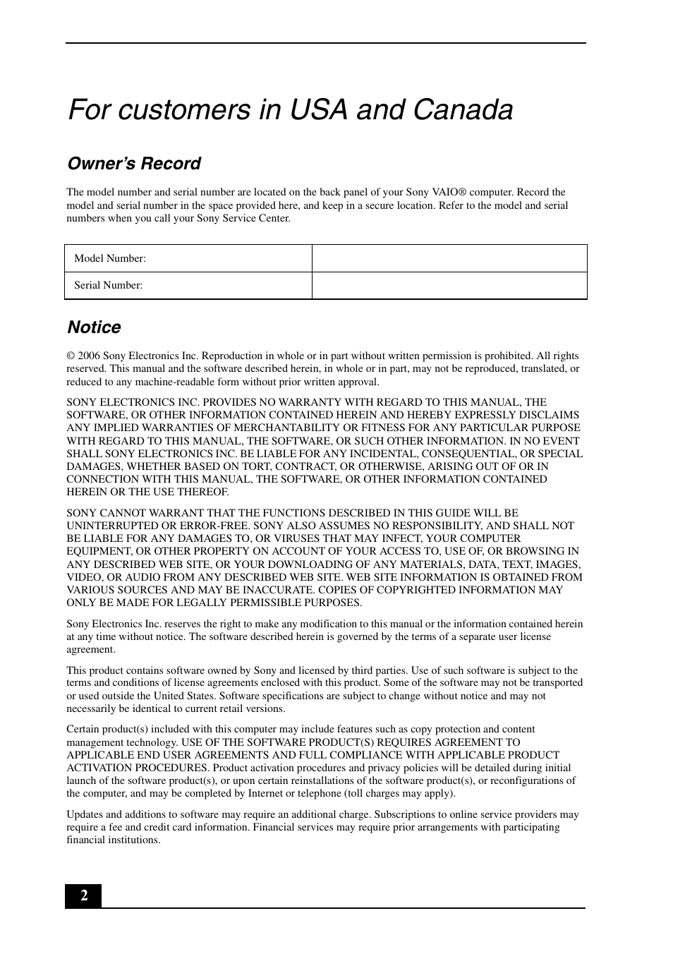 For customers in usa and canada, Owner’s record, Notice | Sony VGN-FS8900P User Manual | Page 2 / 24