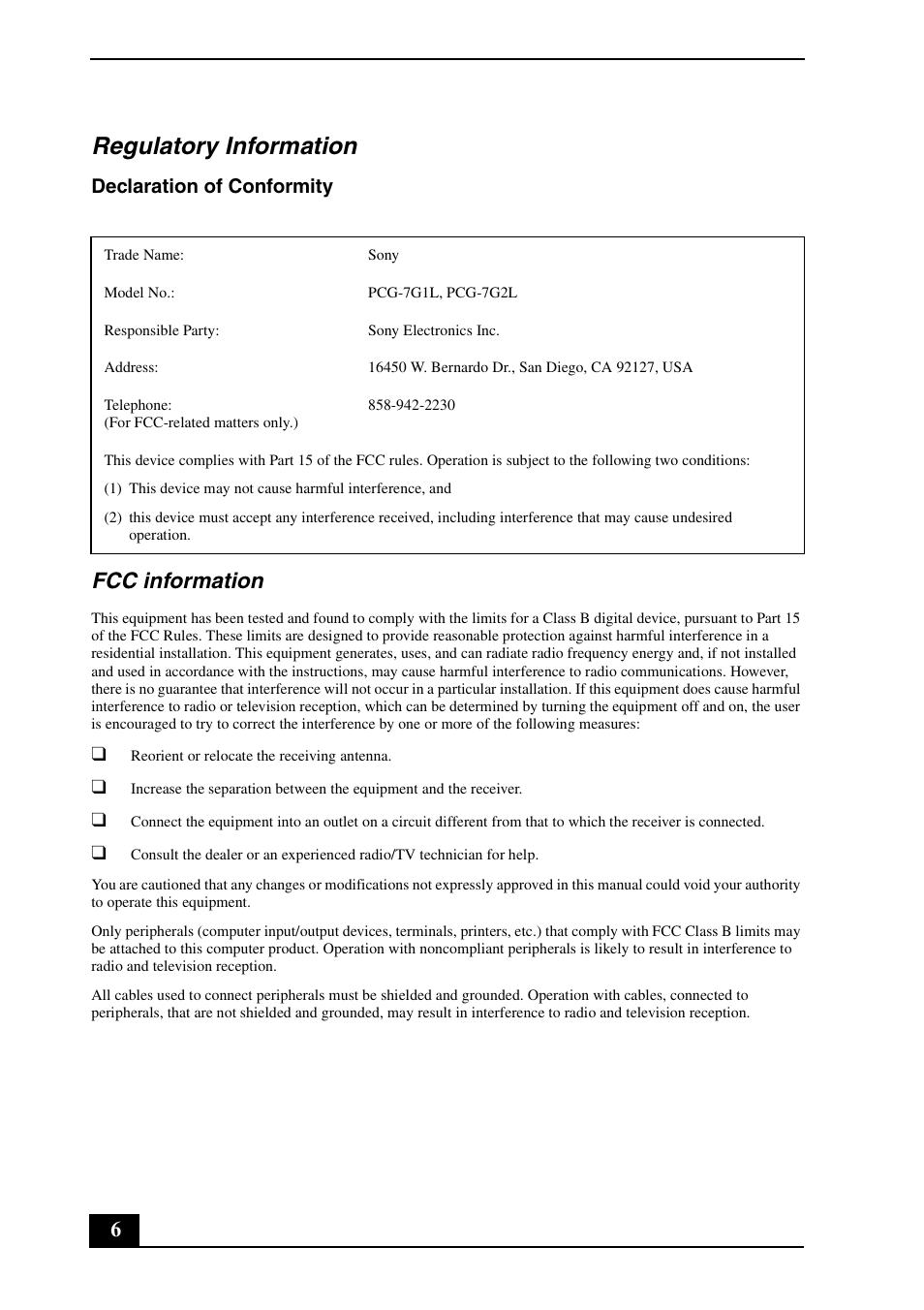 Regulatory information, Fcc information, Declaration of conformity | Sony VGN-FS8900P User Manual | Page 6 / 24