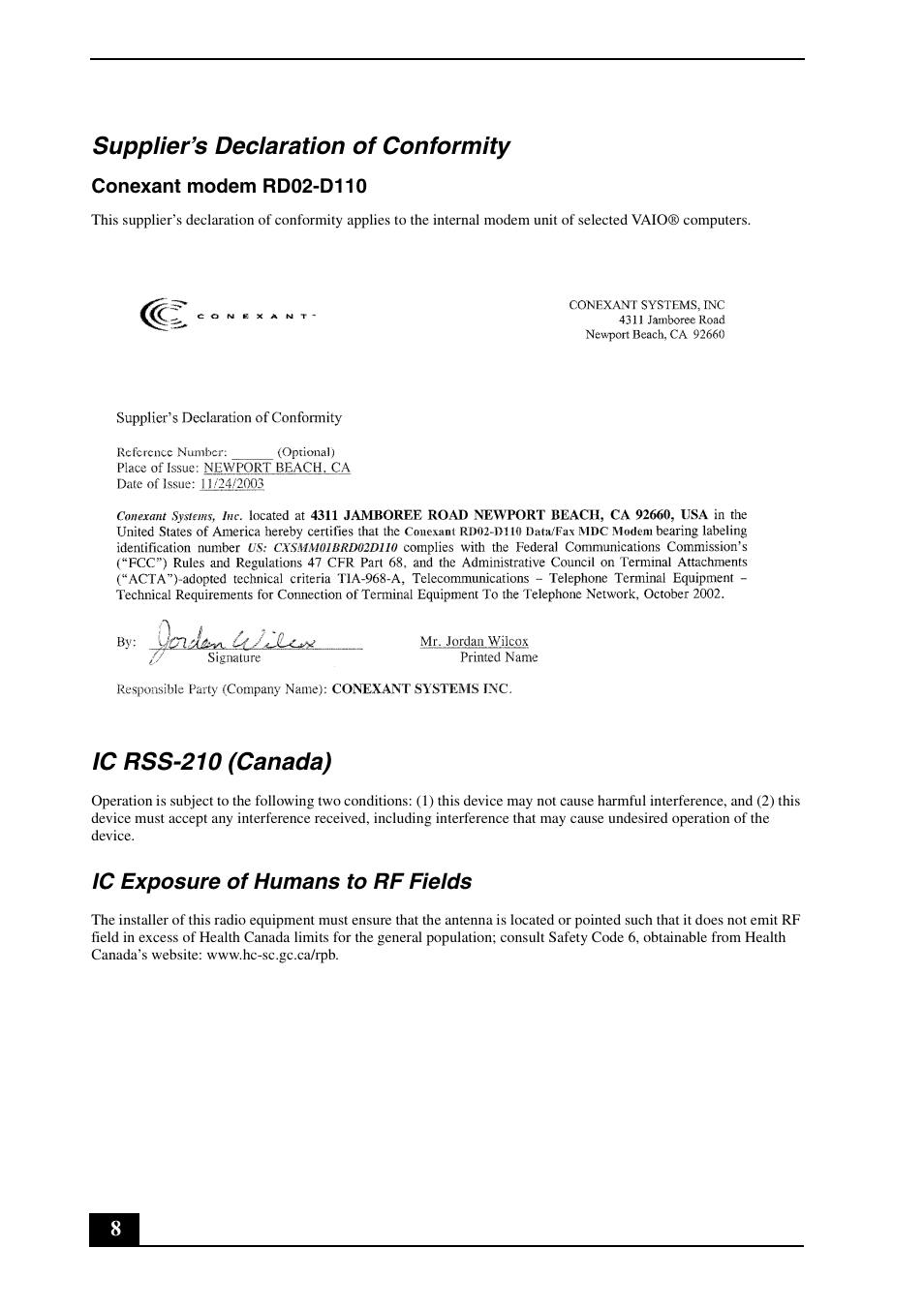 Supplier’s declaration of conformity, Ic rss-210 (canada) | Sony VGN-FS8900P User Manual | Page 8 / 24