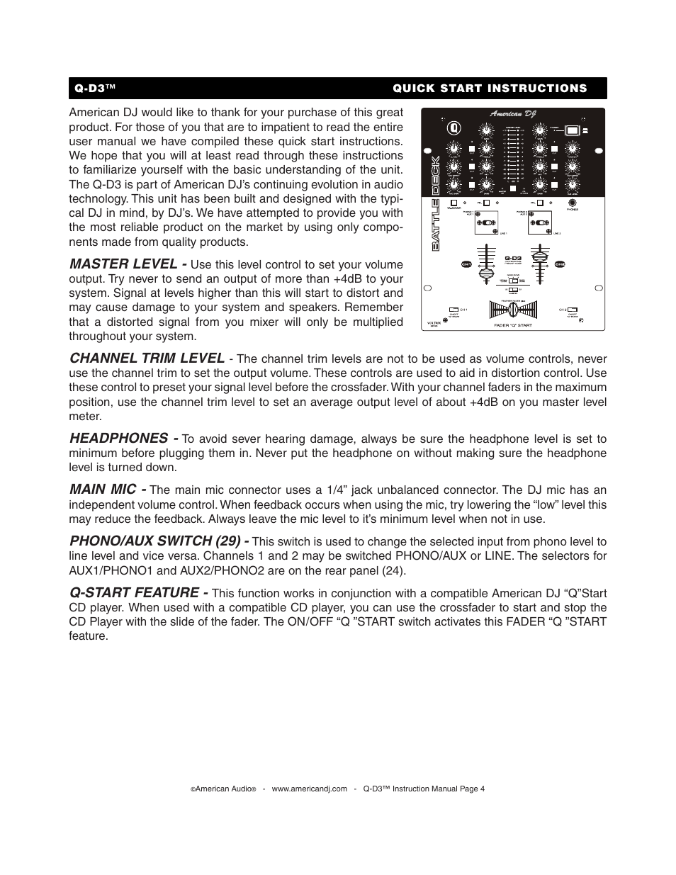 Master level, Channel trim level, Headphones | Main mic, Phono/aux switch (29), Q-start feature | American Audio Q-D3 User Manual | Page 4 / 15