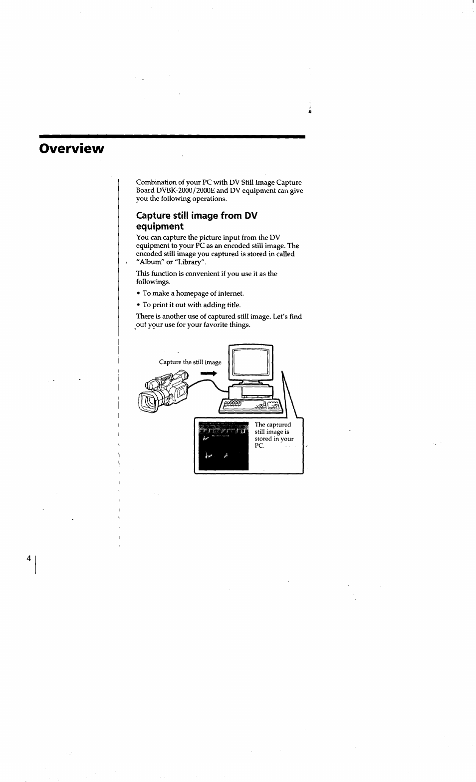 Overview, Capture still image from dv equipment | Sony DVBK-2000 User Manual | Page 4 / 87