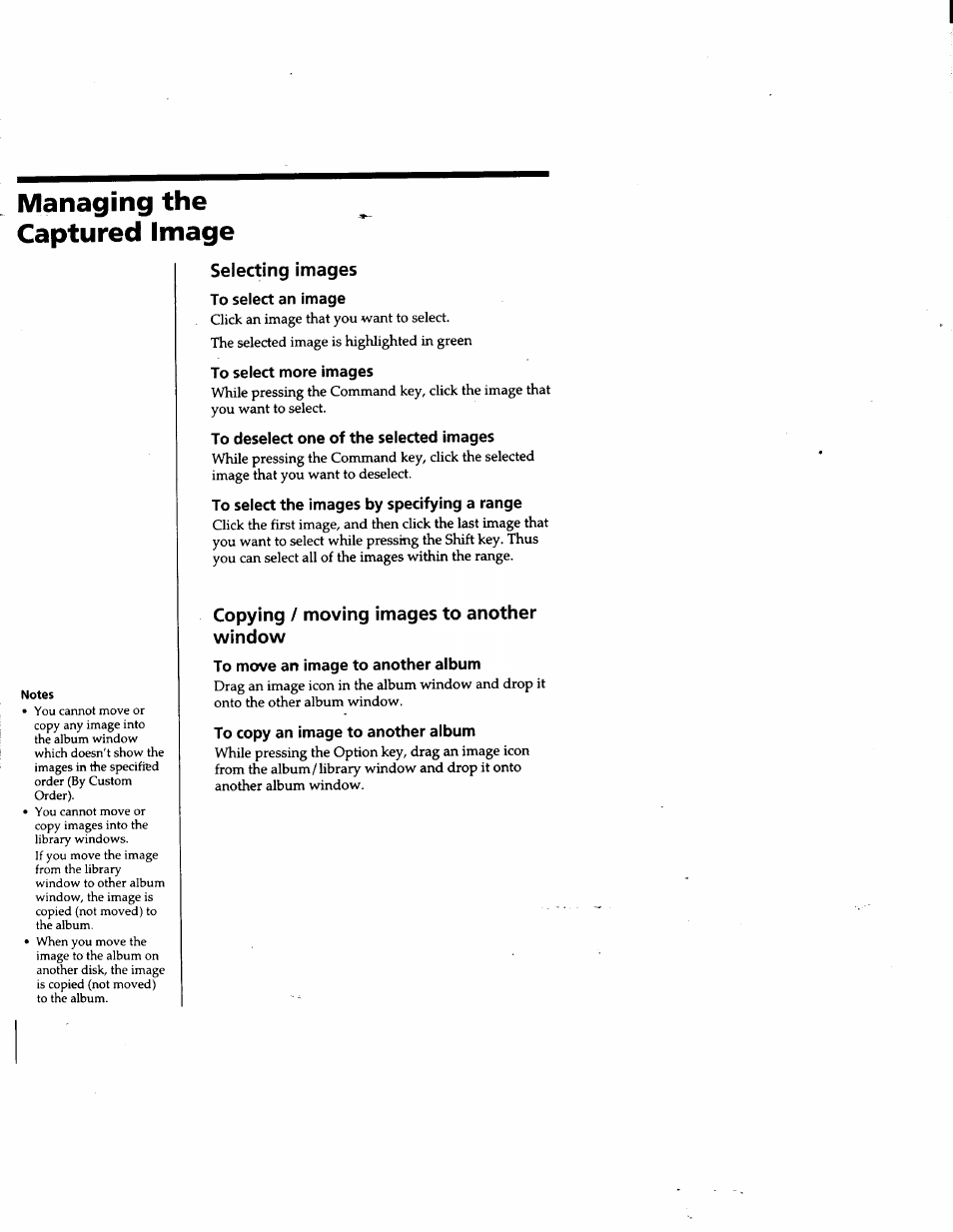 Managing the captured image, Selecting images, To select an image | To select more images, To deselect one of the selected images, To select the images by specifying a range, Copying / moving images to another window, To move an image to another album, To copy an image to another album | Sony DVBK-2000 User Manual | Page 44 / 87