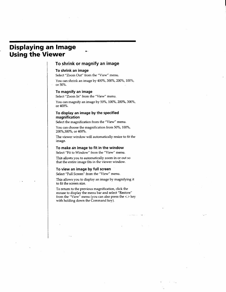 Displaying an image using the viewer, To shrink or magnify an image, To shrink an image | To magnify an image, To display an image by the specified magnification, To make an image to fit in the window, To view an image by full screen | Sony DVBK-2000 User Manual | Page 49 / 87