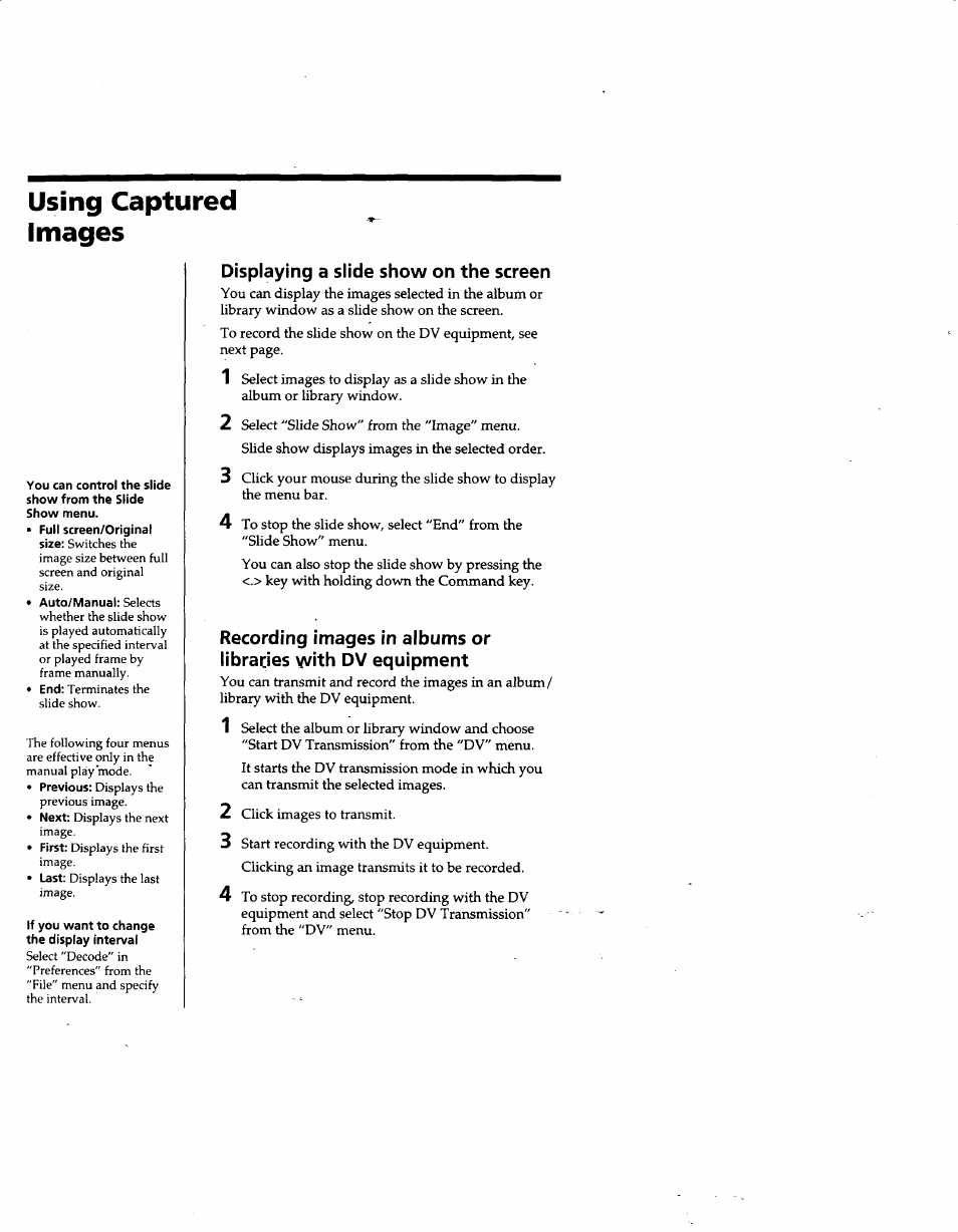 Using captured images, Displaying a slide show on the screen | Sony DVBK-2000 User Manual | Page 52 / 87