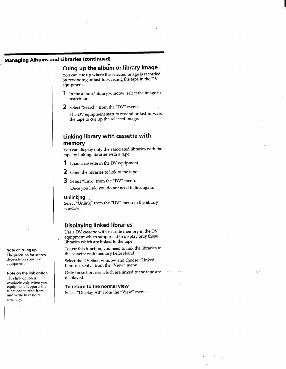 Cuing up the album or library image, Linking library with cassette with memory, Unlinking | Displaying linked libraries, To return to the normal view | Sony DVBK-2000 User Manual | Page 58 / 87