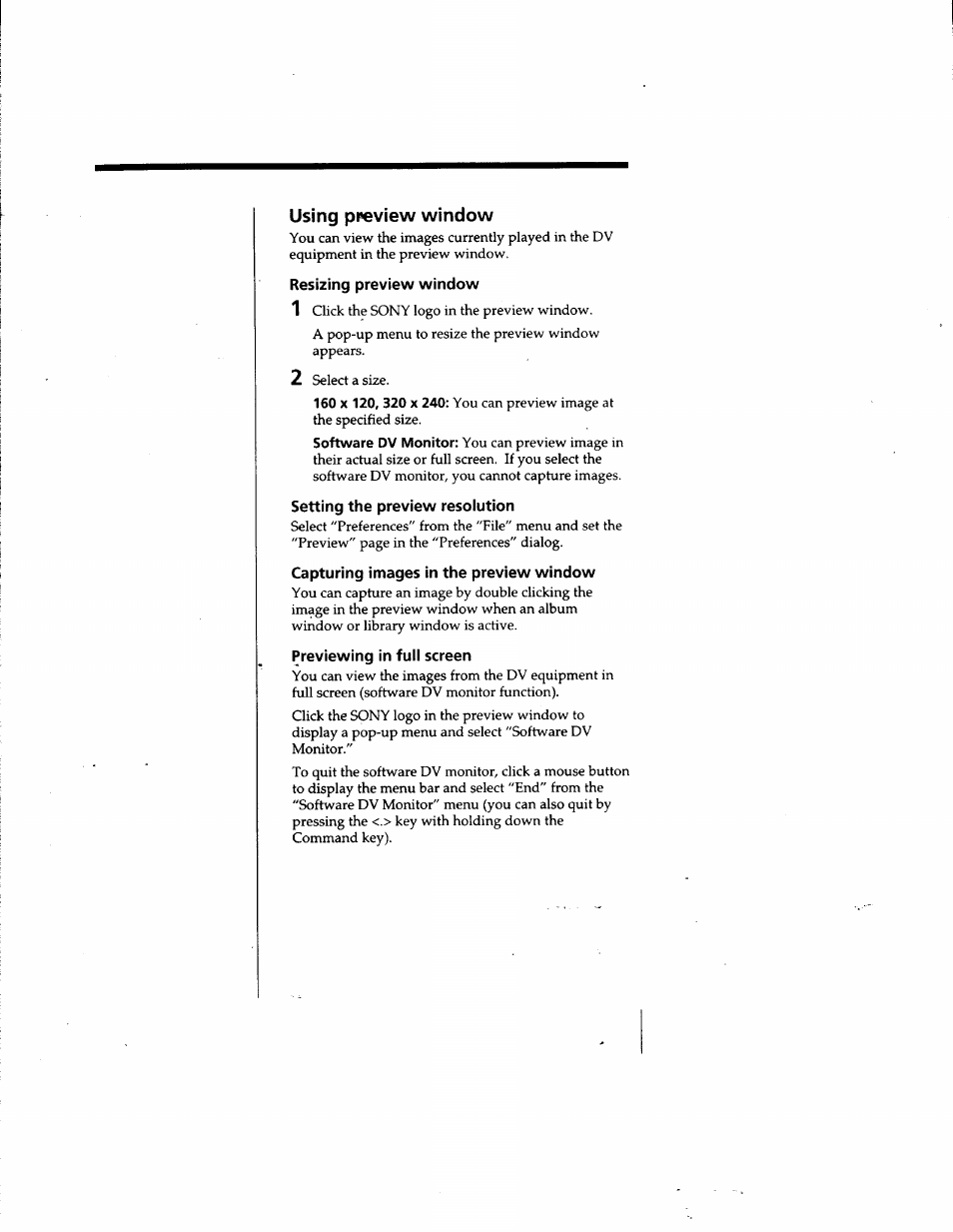 Using ppeview window, Resizing preview window, Setting the preview resolution | Capturing images in the preview window, Previewing in full screen | Sony DVBK-2000 User Manual | Page 61 / 87