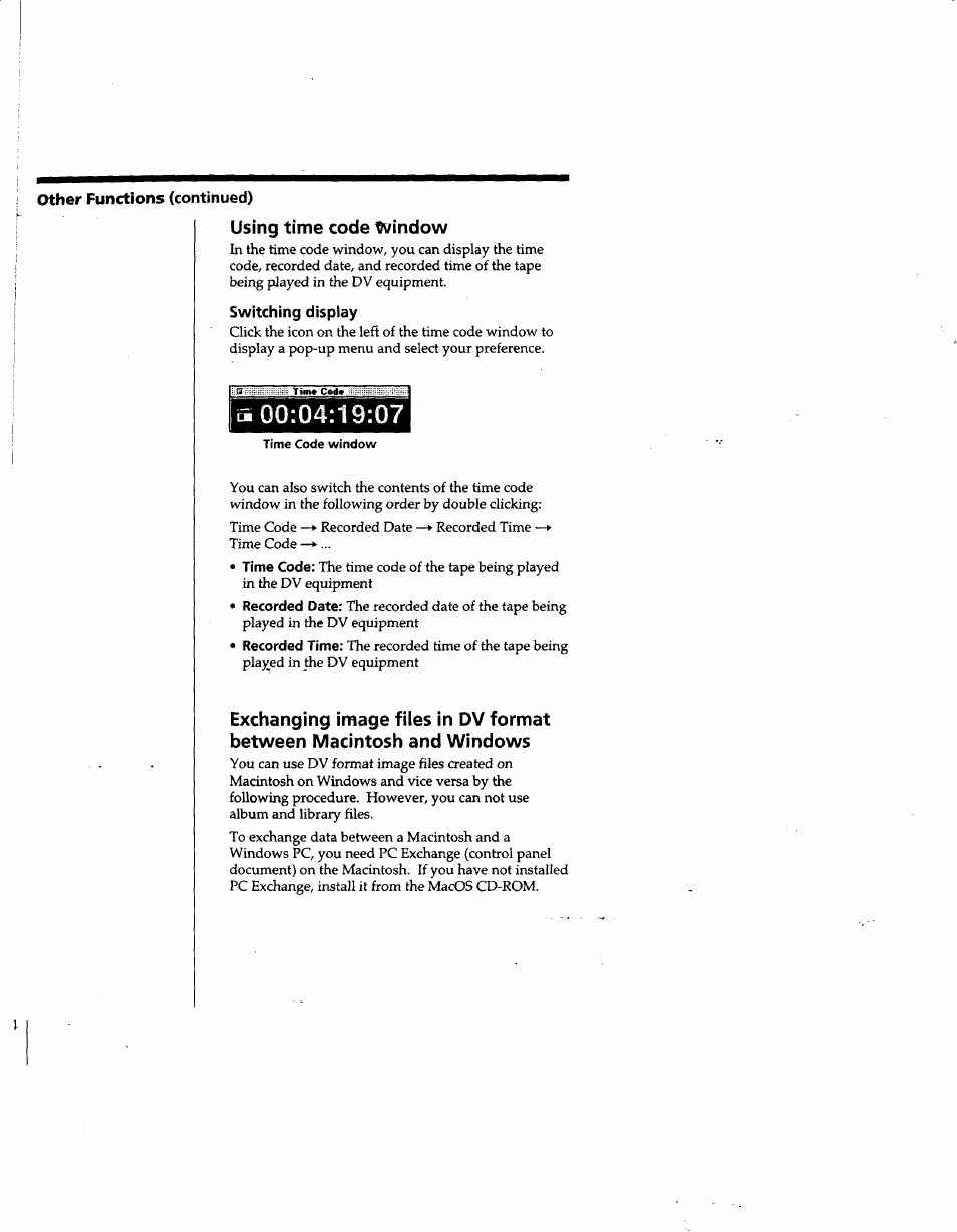 Using time code dvindow, Switching display, Ilfliiwiilsjy | Sony DVBK-2000 User Manual | Page 62 / 87