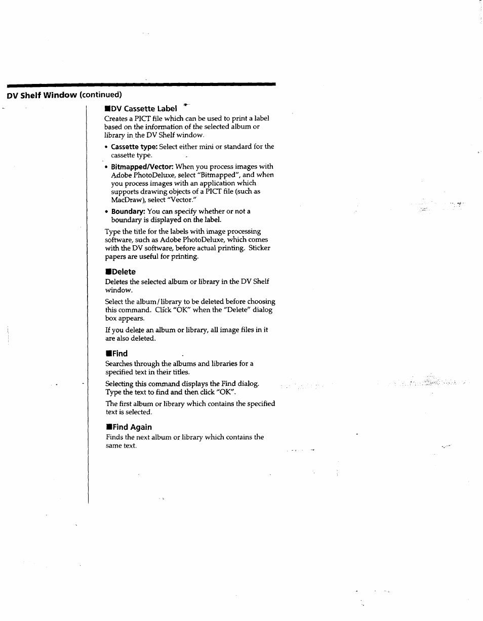 Dv cassette label, Delete, Find | Find again | Sony DVBK-2000 User Manual | Page 67 / 87