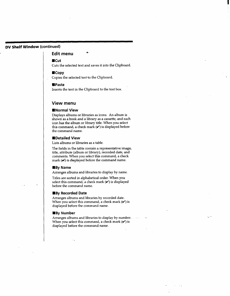 Dv shelf window (continued), Edit menu, Copy | Paste, View menu, Normal view, Detailed view, By name, By recorded date, By number | Sony DVBK-2000 User Manual | Page 75 / 87