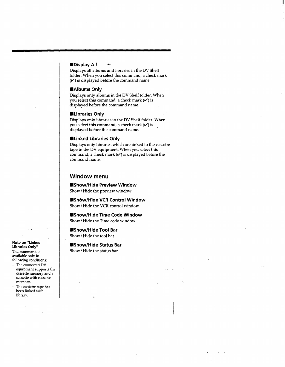 Display all, Albums only, Libraries only | Linked libraries only, Window menu, Show/hide preview window, Sh6w/hlde vcr control window, Show/hide time code window, Show/hide tool bar, Show/hide status bar | Sony DVBK-2000 User Manual | Page 76 / 87