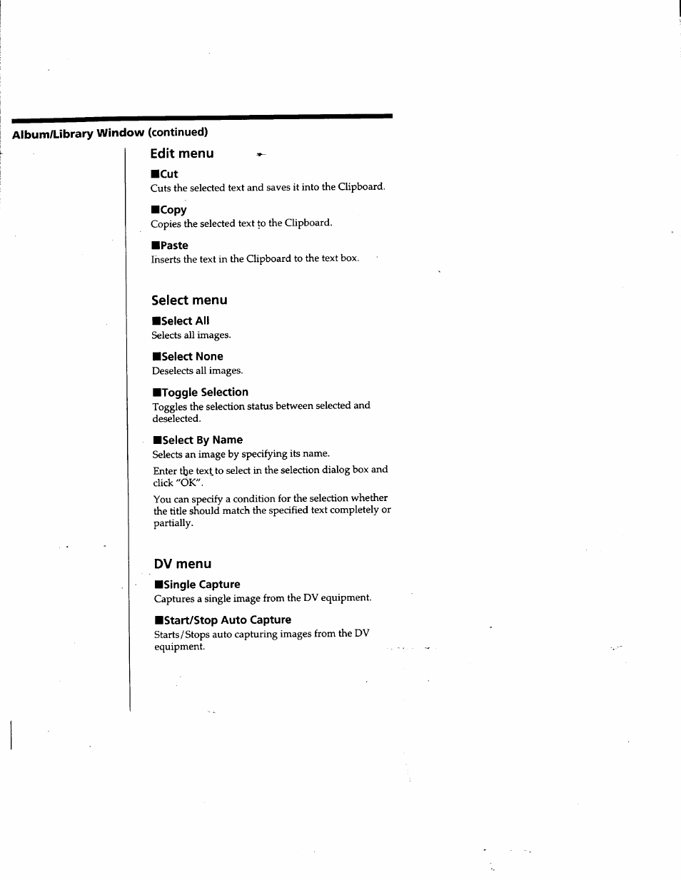 Edit menu, Select menu, Dv menu | Sony DVBK-2000 User Manual | Page 79 / 87