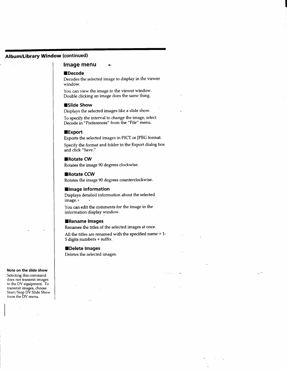 Album/library window (continued), Image menu, Decode | Slide show, Export, Rotate cw, Rotate cga, Image information, Rename images, Delete images | Sony DVBK-2000 User Manual | Page 81 / 87