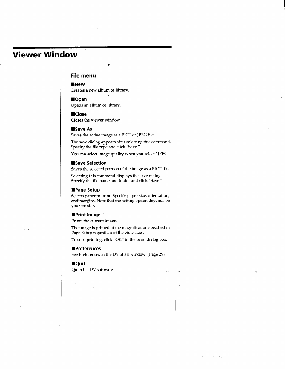 Viewer window, File menu, Open | Close, Save as, Save selection, Print image, Preferences, Quit | Sony DVBK-2000 User Manual | Page 84 / 87