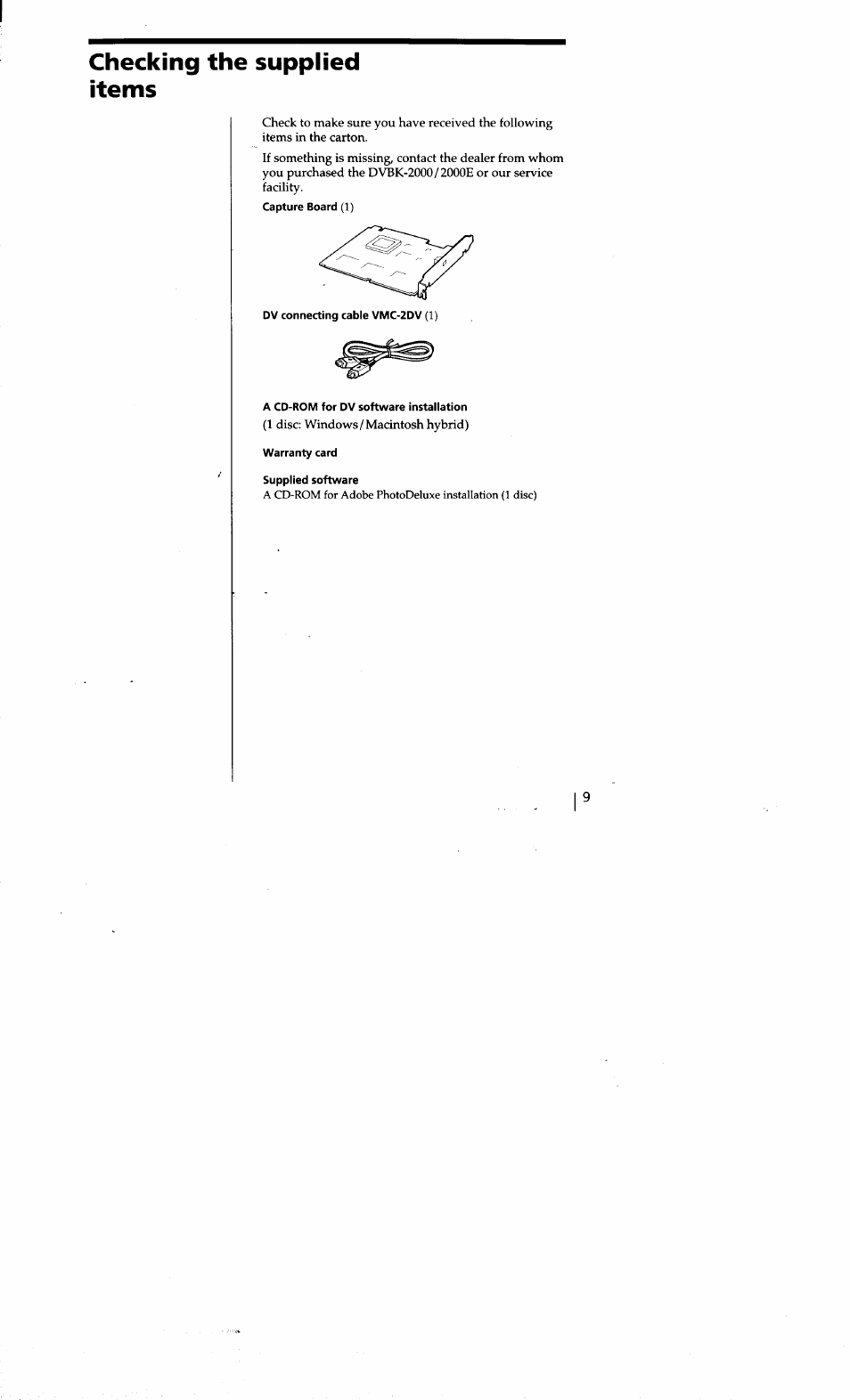 Checking the supplied items | Sony DVBK-2000 User Manual | Page 9 / 87