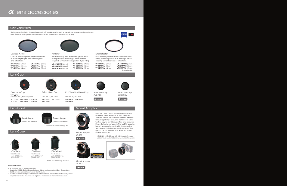 Alens accessories, Lens hood lens cap, Lens case mount adaptor carl zeiss | Filter | Sony a Lenses User Manual | Page 37 / 37