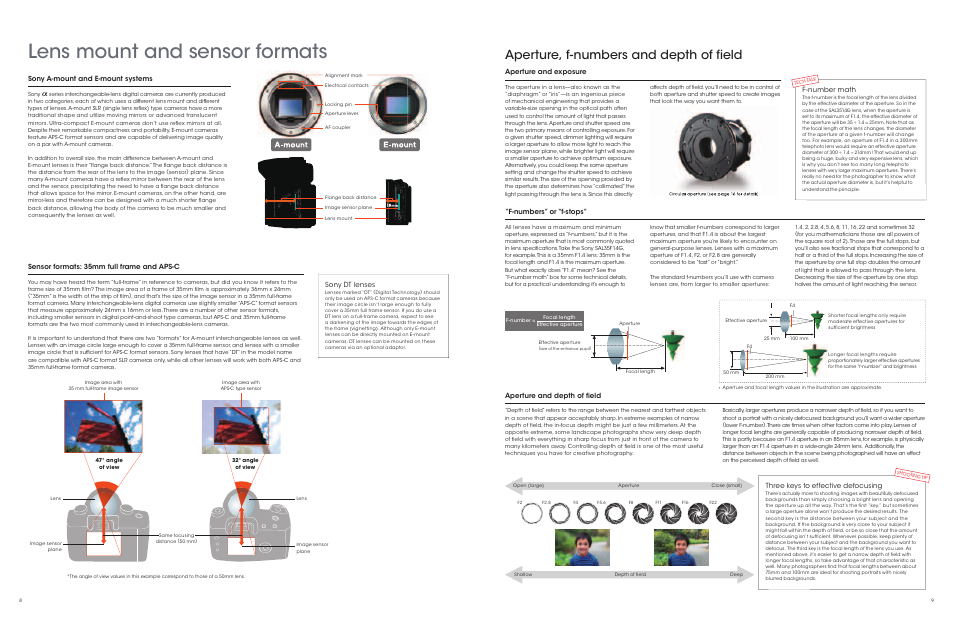 Lens mount and sensor formats, Aperture, f-numbers and depth of field, Aperture and exposure | Aperture and depth of field, F-numbers” or “f-stops, F-number math, Three keys to effective defocusing, Sensor formats: 35mm full frame and aps-c, Sony a-mount and e-mount systems, Sony dt lenses | Sony a Lenses User Manual | Page 5 / 37